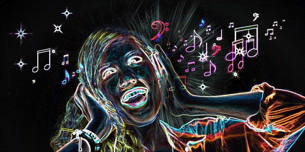 Animated image of woman listening to music in Headphones